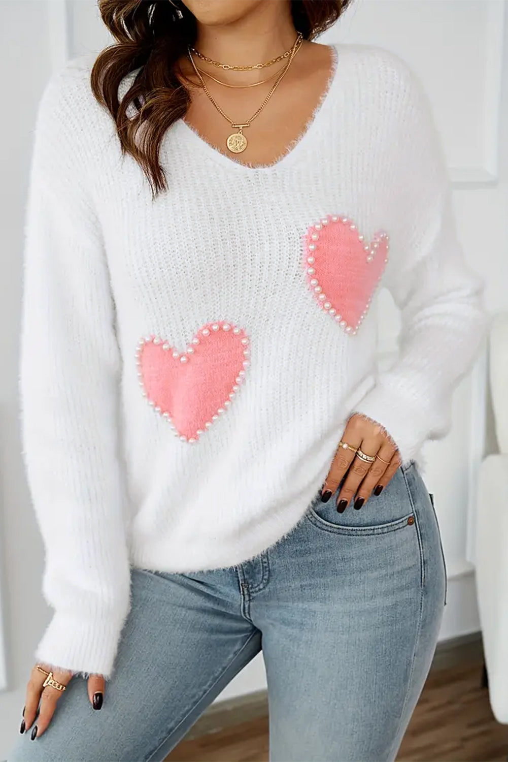White Pearl Beaded Heart Pattern Fuzzy V Neck Sweater Sweaters JT's Designer Fashion