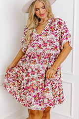 White Abstract Print V Neck Short Sleeve Ruffled Plus Size Mini Dress Plus Size Mini Dresses JT's Designer Fashion