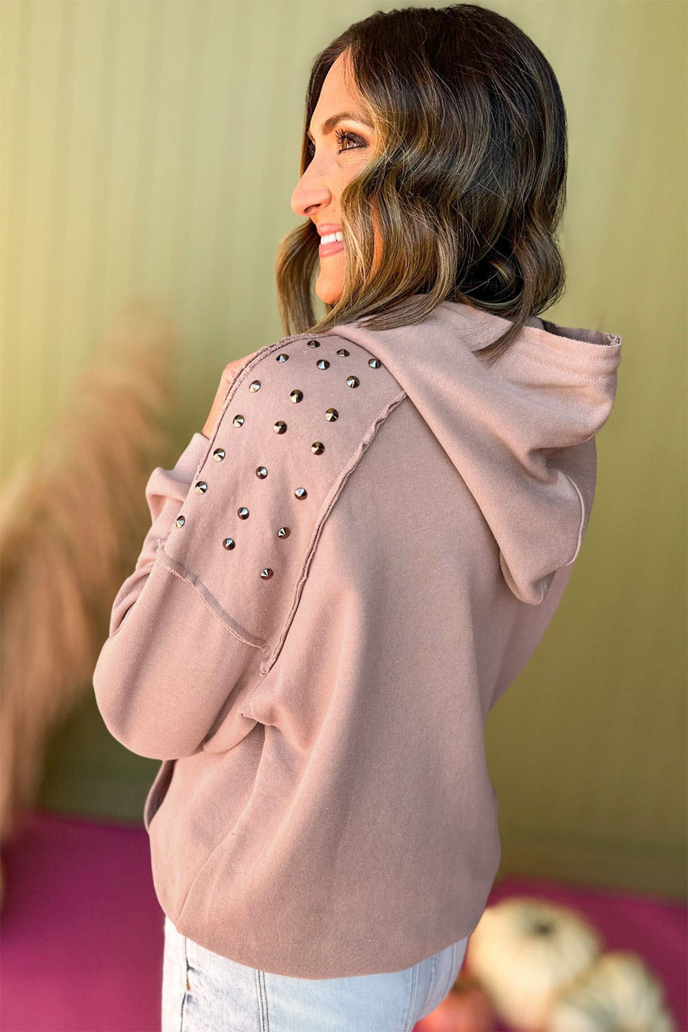 Fushia Solid Color Rivet Stud Raglan Sleeve Hoodie with Pocket Sweatshirts & Hoodies JT's Designer Fashion