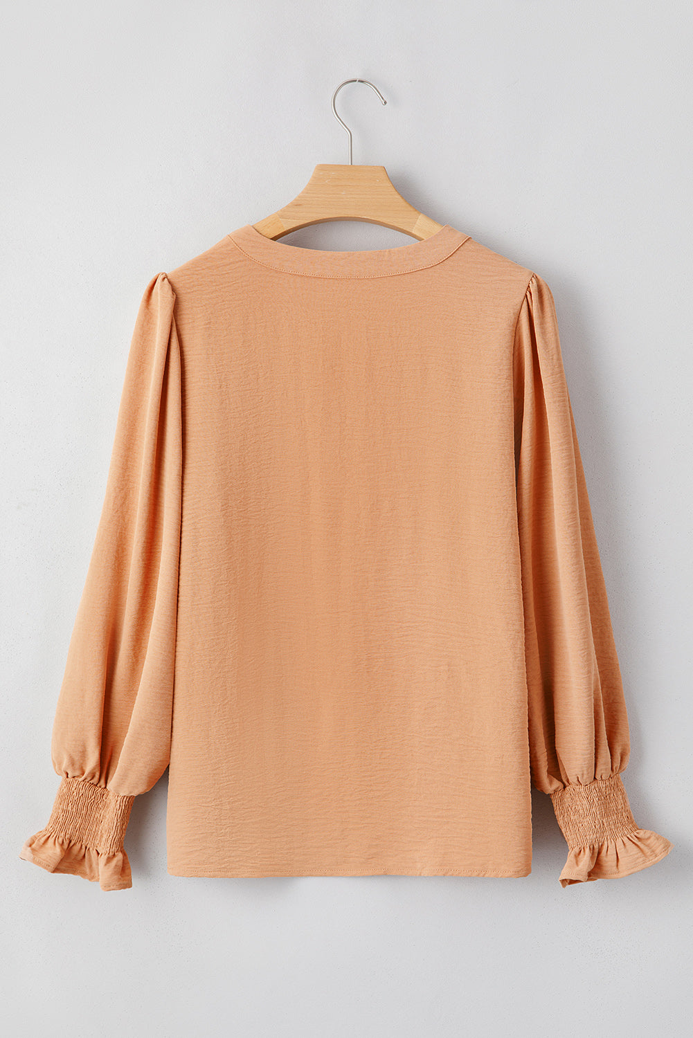 Straw Yellow Solid Color Shirred Cuff Notch V Neck Blouse Blouses & Shirts JT's Designer Fashion