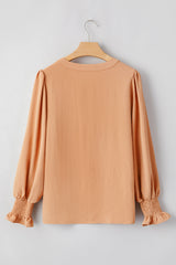 Straw Yellow Solid Color Shirred Cuff Notch V Neck Blouse Blouses & Shirts JT's Designer Fashion