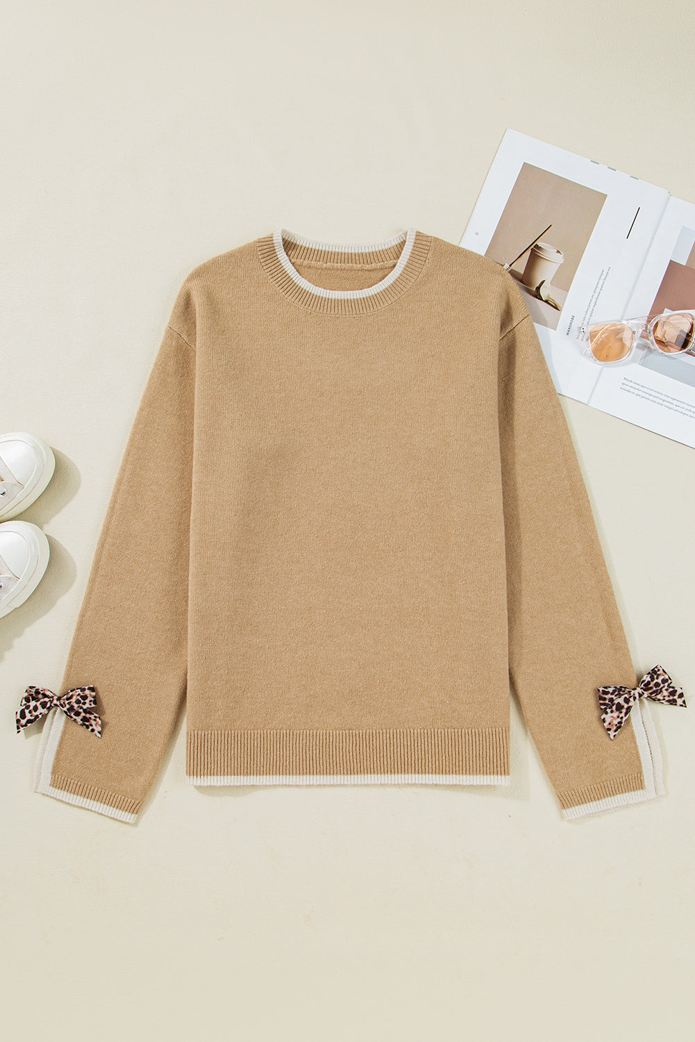 Tan Leopard Bow Decor Split Cuff Contrast Trim Sweater Sweaters JT's Designer Fashion