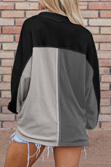 Gray Colorblock Ribbed Collared Oversized Sweatshirt Sweatshirts & Hoodies JT's Designer Fashion
