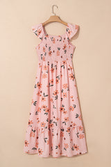Pink Floral V Neck Smocked High Waist Ruffle Hem Long Dress Maxi Dresses JT's Designer Fashion