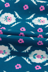 Blue Retro Floral Print Split Neck Ruffle Short Sleeve Dress Floral Dresses JT's Designer Fashion