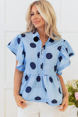 Sky Blue Polka Dot Print Ruffled Short Sleeve Buttoned Collared Blouse Blouses & Shirts JT's Designer Fashion