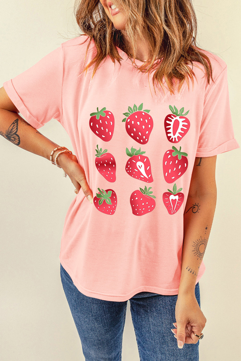 Pink Strawberry Fruit Pattern Graphic Tee Graphic Tees JT's Designer Fashion