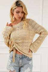 Khaki Hollowed Knit Asymmetric Drawstring Sweater Sweaters & Cardigans JT's Designer Fashion