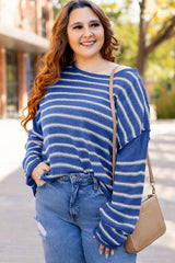 Sky Blue Stripe Drop Shoulder Casual Sweater Sweaters JT's Designer Fashion