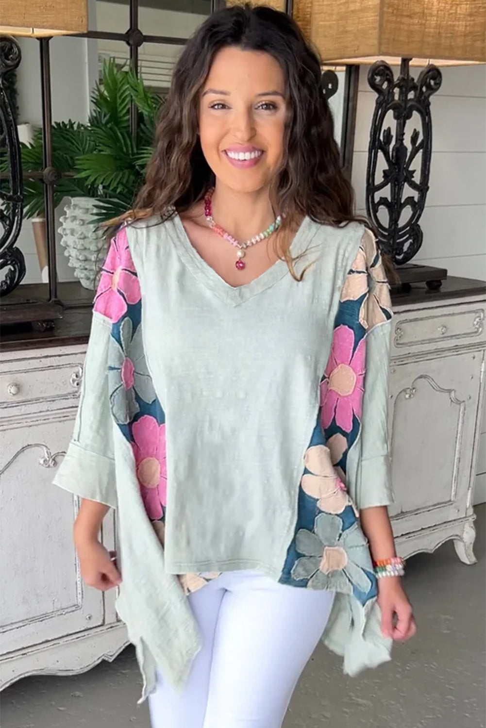 Green Flower Patchwork Exposed Seam Oversized High Low Top Long Sleeve Tops JT's Designer Fashion