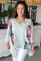 Green Flower Patchwork Exposed Seam Oversized High Low Top Long Sleeve Tops JT's Designer Fashion