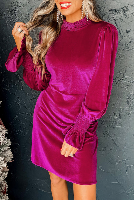 Rose Red Smocked Mock Neck Ruffled Puff Sleeve Velvet Mini Dress Mini Dresses JT's Designer Fashion
