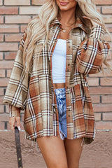 Khaki Plaid Colorblock Patchwork High Low Shacket Plaid Shackets JT's Designer Fashion