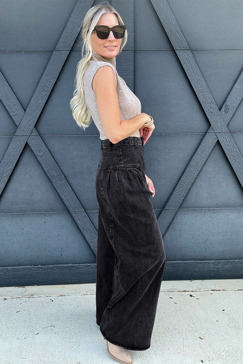 Dark Grey Pleated Wide Leg Mineral Wash Denim Pants Jeans JT's Designer Fashion