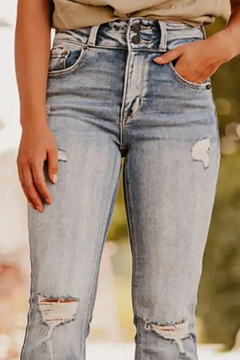 Dusk Blue Vintage Light Wash Ripped Raw Edge Flare Jeans Jeans JT's Designer Fashion