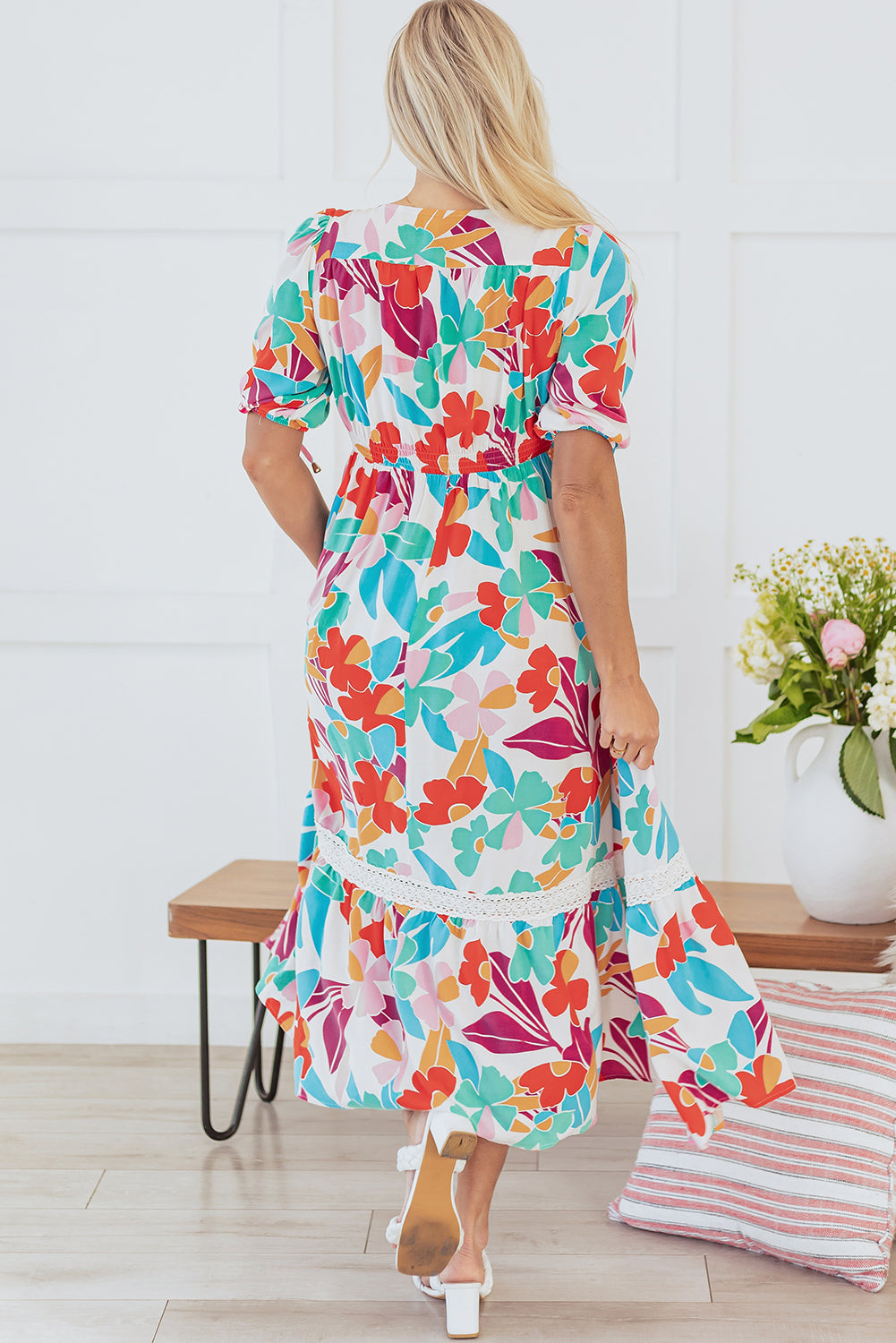 Rose Red Floral Knot Puff Sleeve V Neck Buttoned Front Split Lace Maxi Dress Floral Dresses JT's Designer Fashion