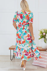 Rose Red Floral Knot Puff Sleeve V Neck Buttoned Front Split Lace Maxi Dress Floral Dresses JT's Designer Fashion