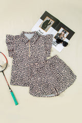Brown Leopard Half Zipper Collared Ruffled Sleeve Top and Short Set Short Sets JT's Designer Fashion