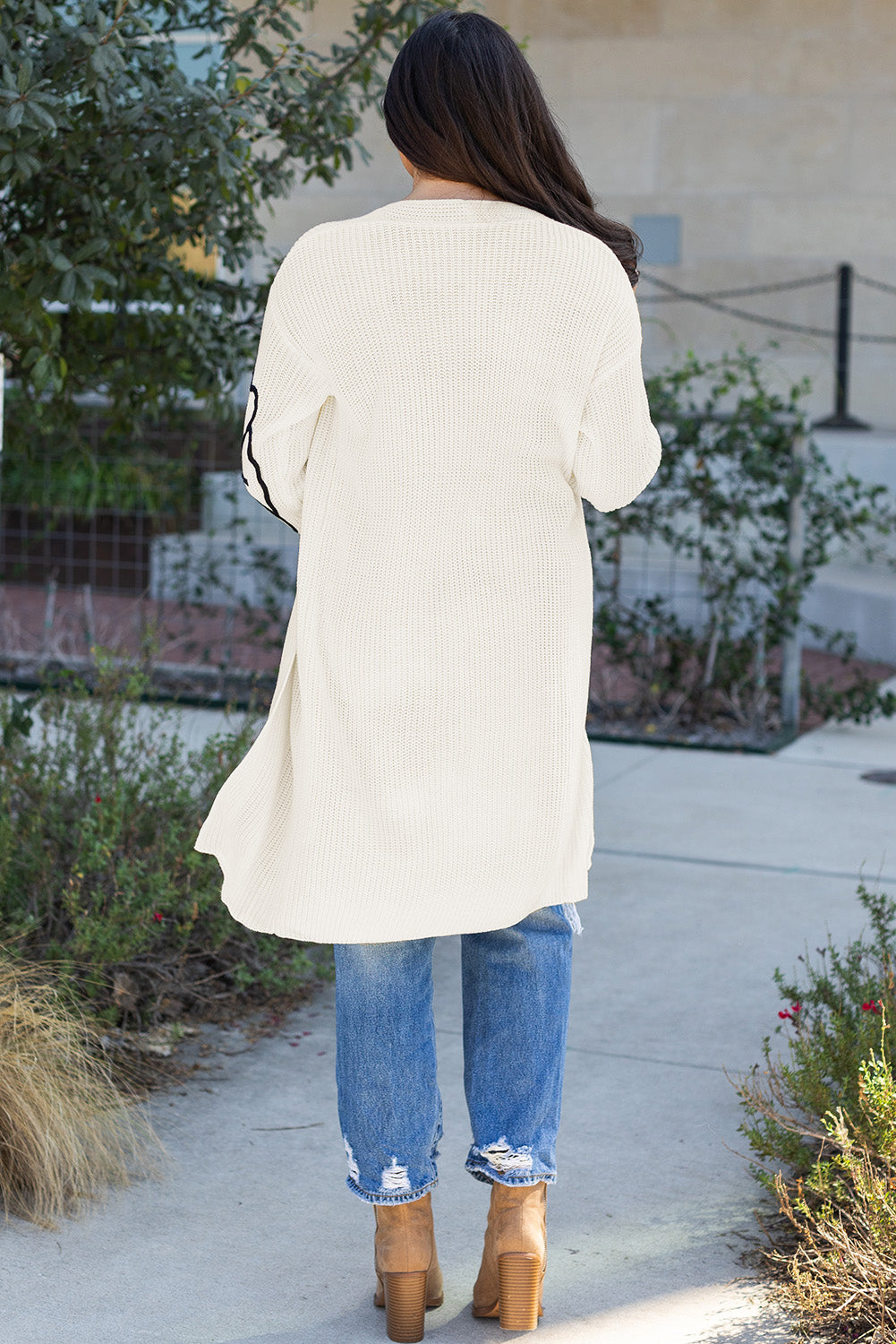 Beige Flower Embroidered Drop Shoulder Open Front Duster Cardigan Cardigans JT's Designer Fashion
