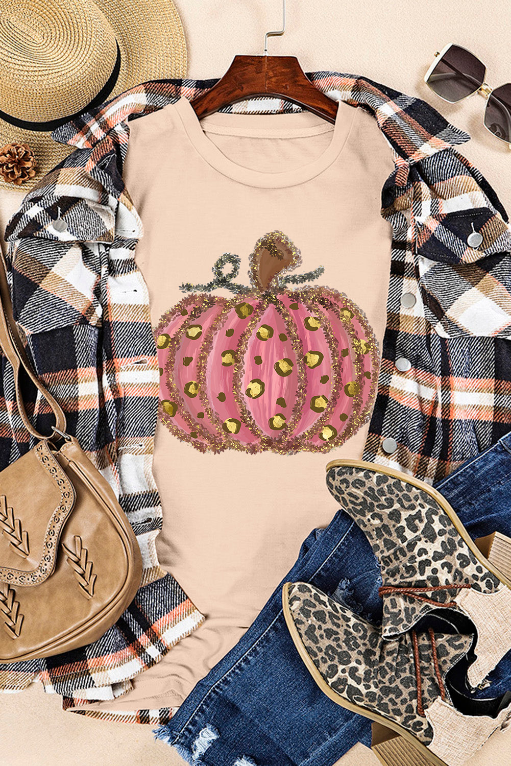 Khaki Cheetah Pumpkin Print Round Neck T Shirt Graphic Tees JT's Designer Fashion