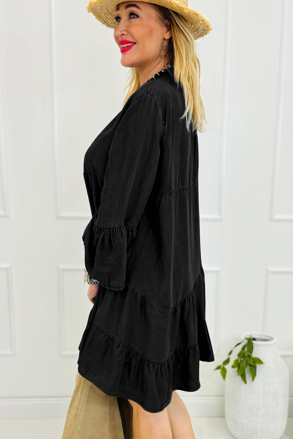Black Chambray Ruffled 3/4 Sleeve Tiered Split V Neck Mini Dress Mini Dresses JT's Designer Fashion