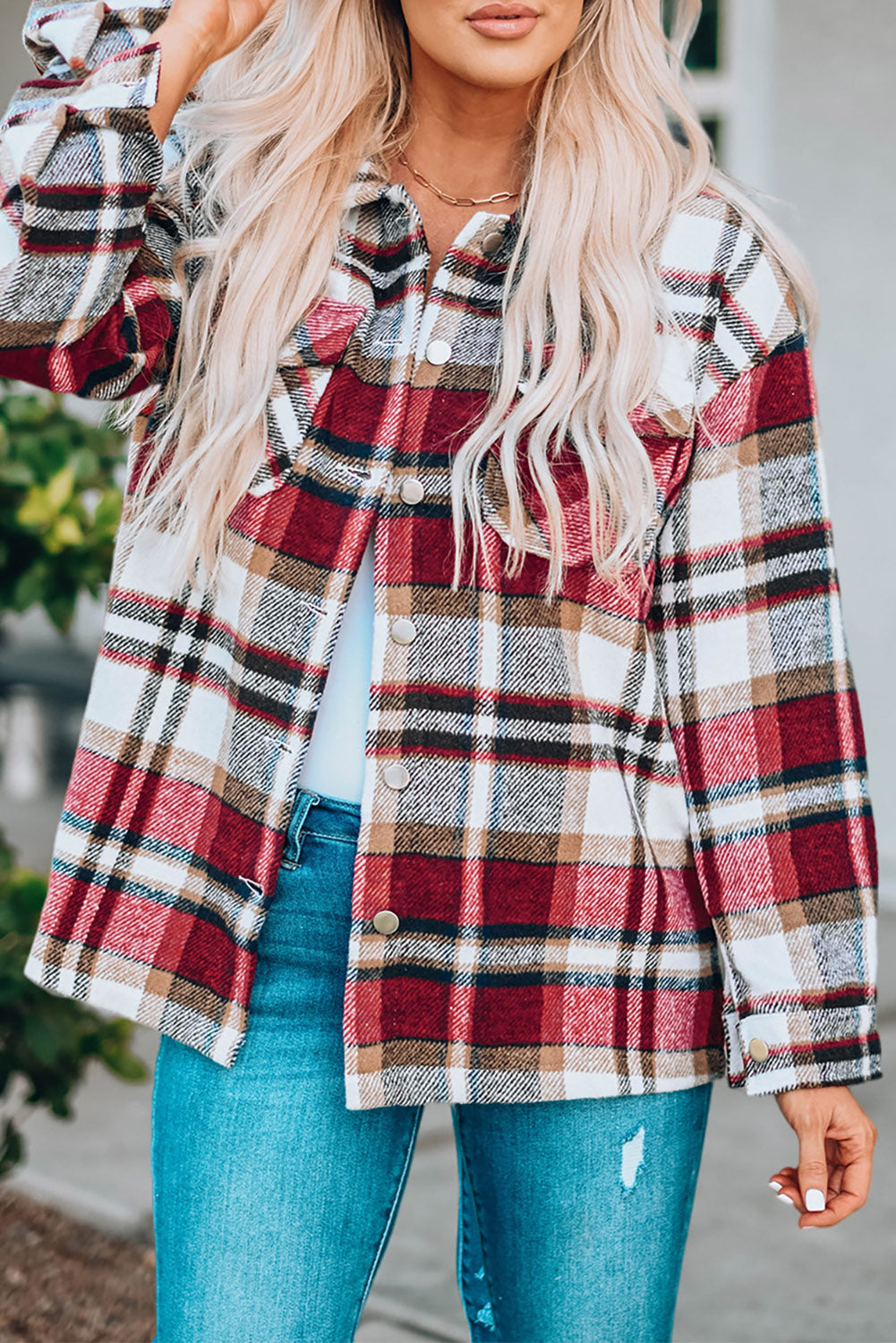 Fiery Red Geometric Plaid Print Pocketed Shacket Plaid Shackets JT's Designer Fashion