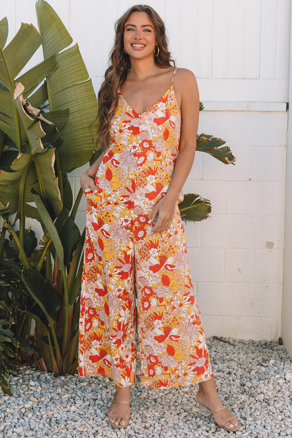 Orange Floral V Neck Wide Leg Sleeveless Jumpsuit Jumpsuits & Rompers JT's Designer Fashion