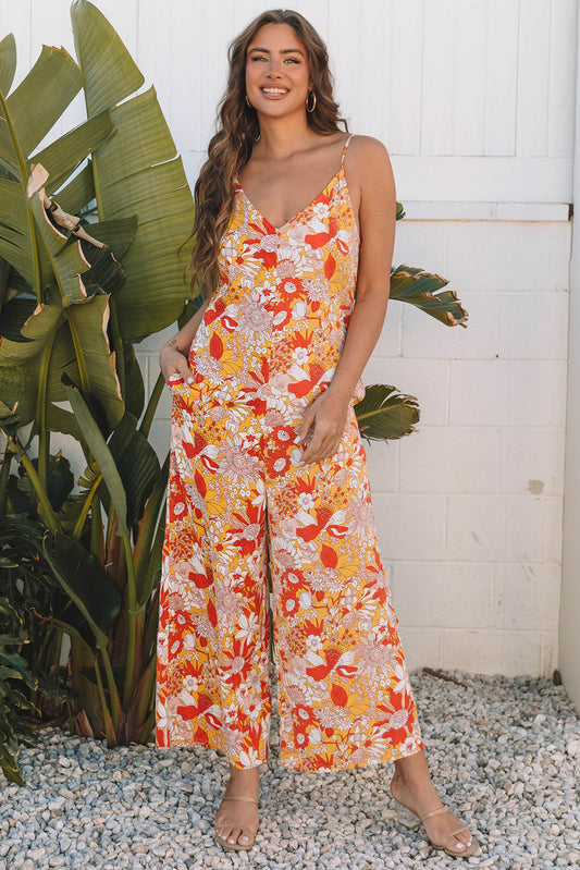 Orange Floral V Neck Wide Leg Sleeveless Jumpsuit Jumpsuits & Rompers JT's Designer Fashion