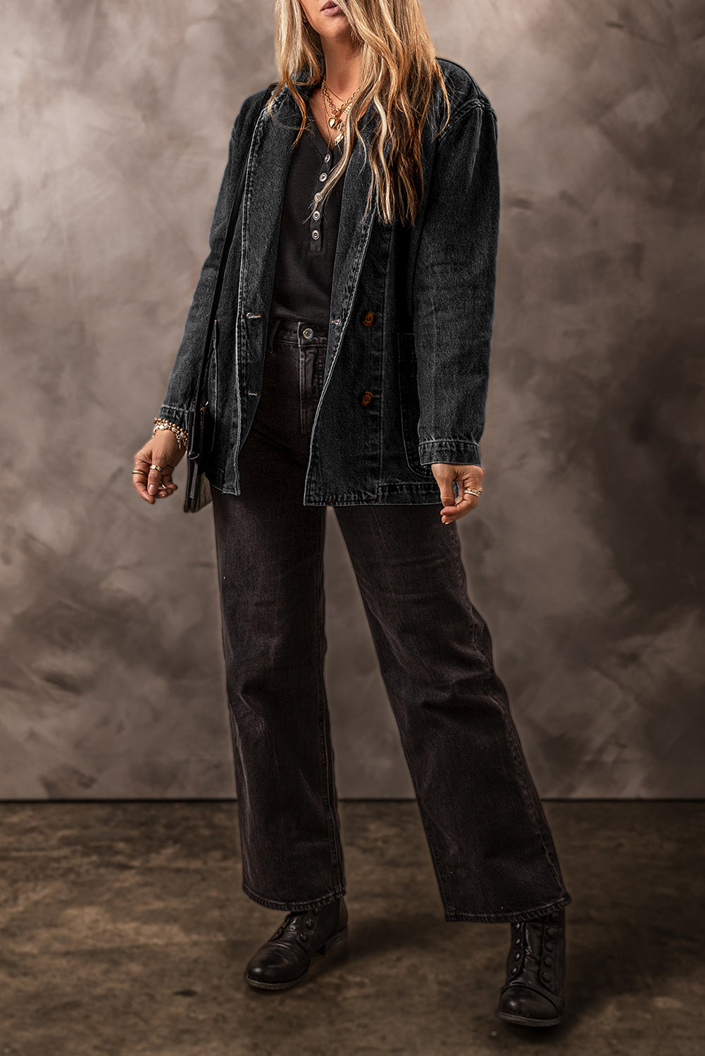 Black Side Pockets Lapel Collar Denim Jacket Denim Jackets JT's Designer Fashion