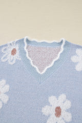 Gray Fuzzy Flower Scalloped V Neck Plus Sweater Plus Size Sweaters & Cardigans JT's Designer Fashion