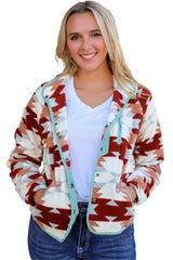 Fiery Red Western Aztec Buttoned Zipper Pockets Fleece Jacket Jackets JT's Designer Fashion