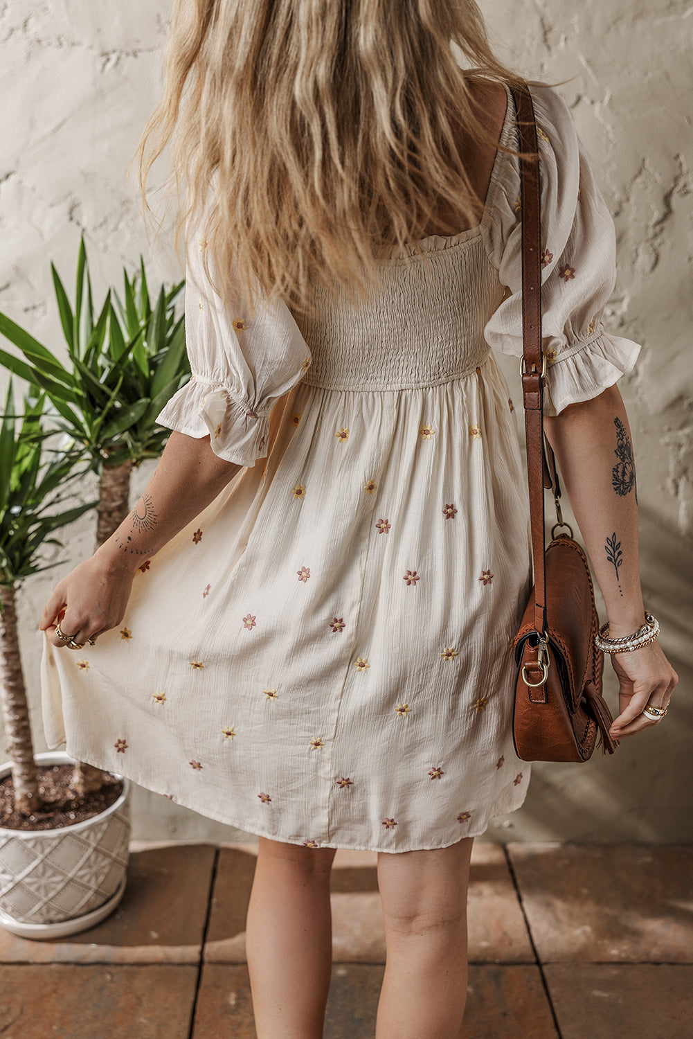 Beige Embroidered Flower Smocked Bust Half Puff Sleeve Empire Waist Textured Flowy Dress Mini Dresses JT's Designer Fashion