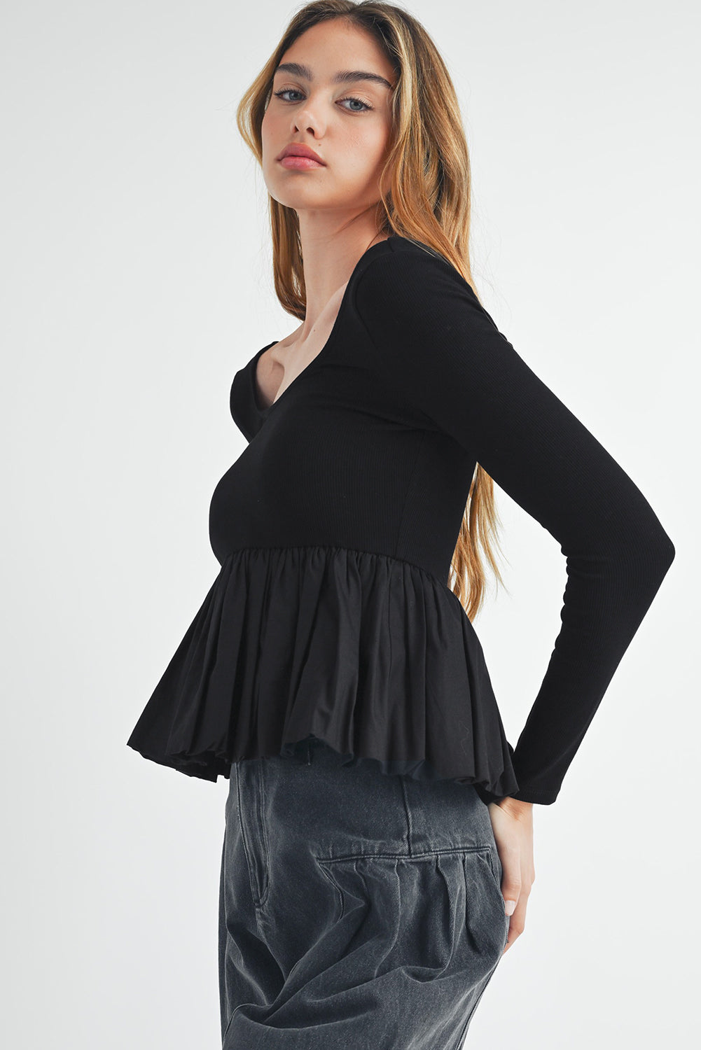 Black Ribbed Knit Long Sleeve Scoop Neck Peplum Patchwork Top Long Sleeve Tops JT's Designer Fashion