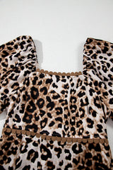 Brown Leopard Print Bubble Sleeve Square Neck Long Dress Maxi Dresses JT's Designer Fashion