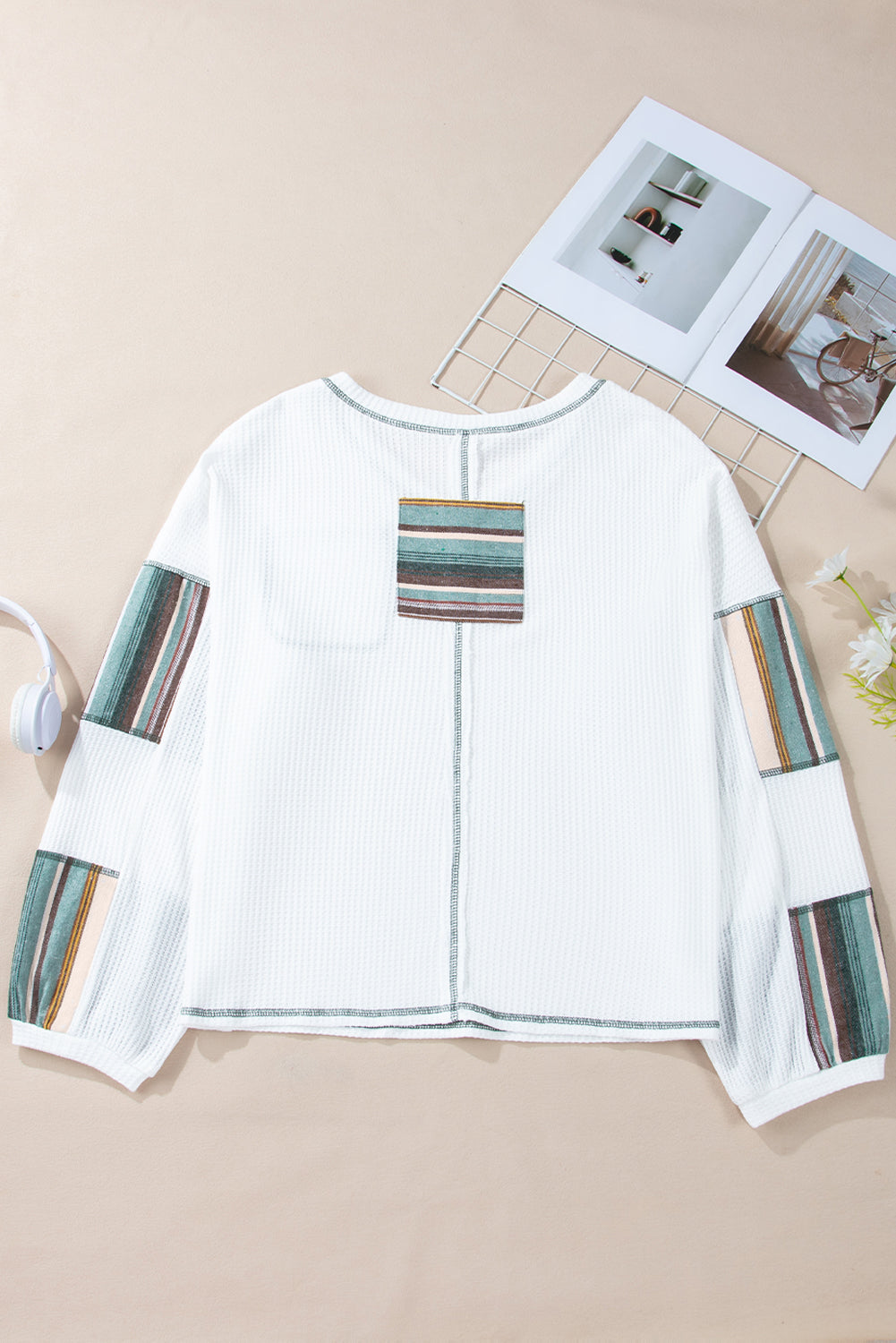 White Striped Patchwork Exposed Seam Waffle Knit Top Long Sleeve Tops JT's Designer Fashion