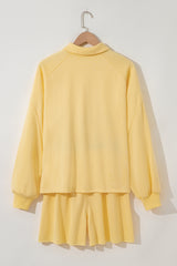 Yellow Cream Button Collar Drop Shoulder Pullover and Shorts 2pcs Outfit Short Sets JT's Designer Fashion