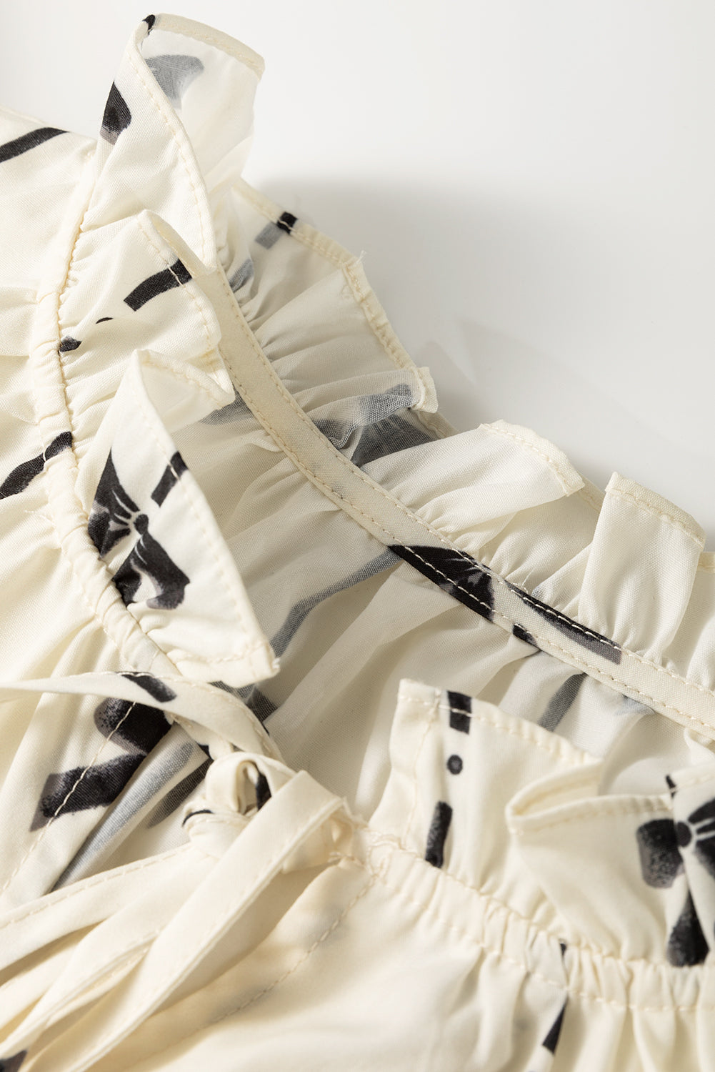 Beige Bow Printed Ruffled Bubble Sleeve Tied Notched V Neck Blouse Blouses & Shirts JT's Designer Fashion