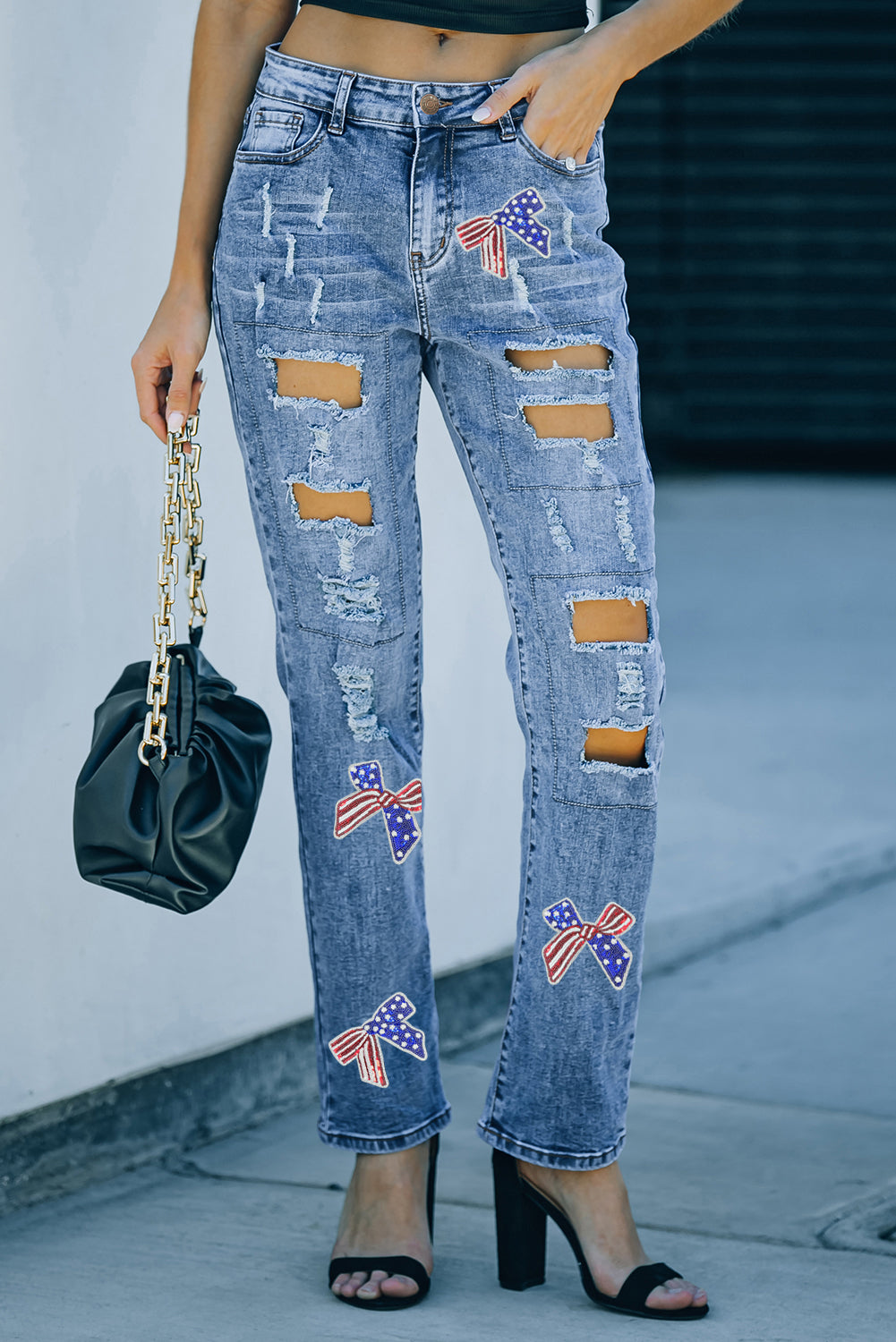 Light Blue Flag Pattern Inspired Sequin Bow Graphic Distressed Jeans Graphic Pants JT's Designer Fashion