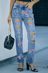 Light Blue Flag Pattern Inspired Sequin Bow Graphic Distressed Jeans Graphic Pants JT's Designer Fashion