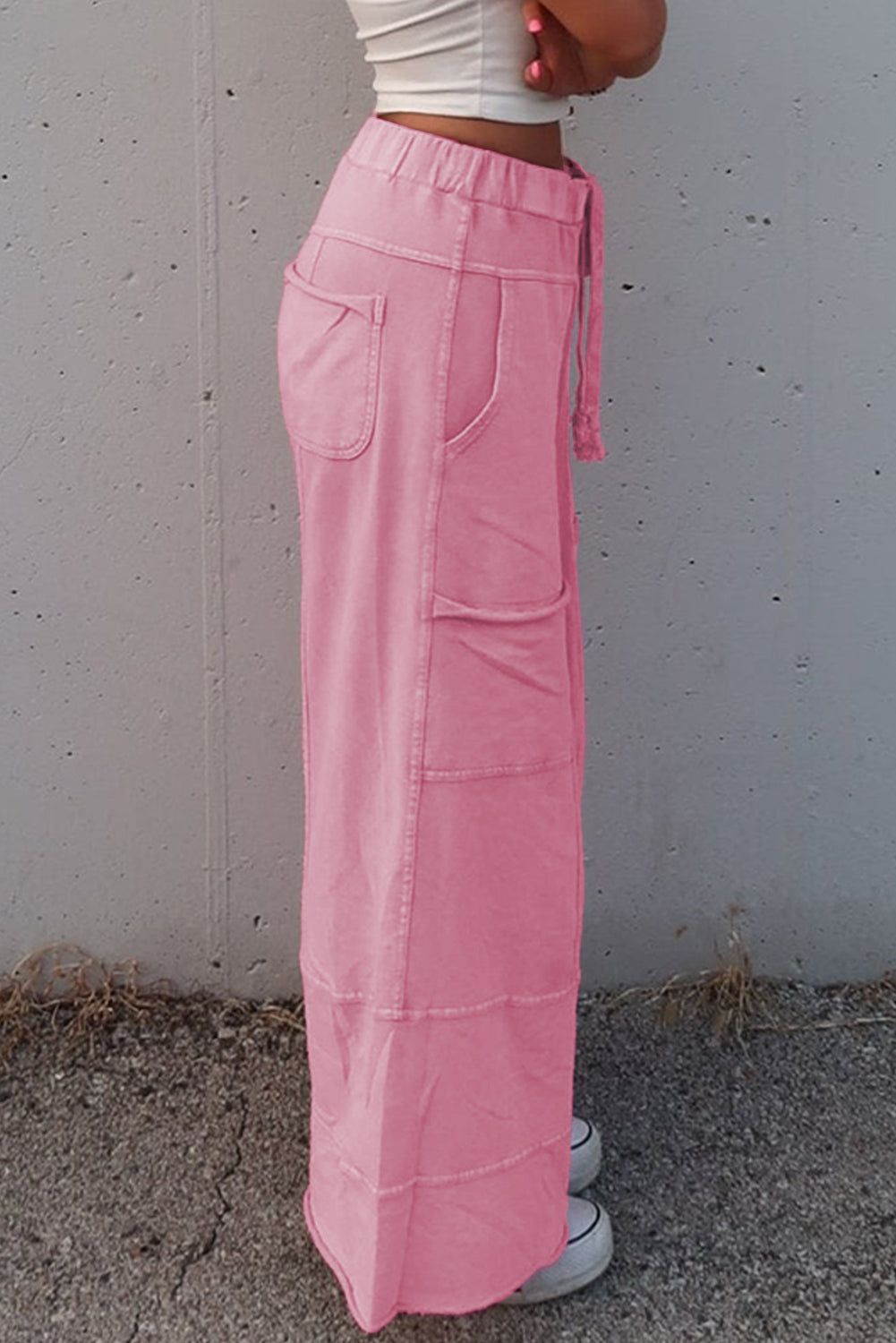 Bonbon Mineral Wash Exposed Seam Drawstring High Waist Wide Leg Cargo Pants Casual Shorts JT's Designer Fashion