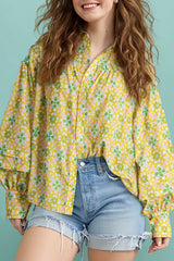 Green Boho Floral Print Frilly Detail Puff Sleeve Shirt Green 100%Polyester Blouses & Shirts JT's Designer Fashion