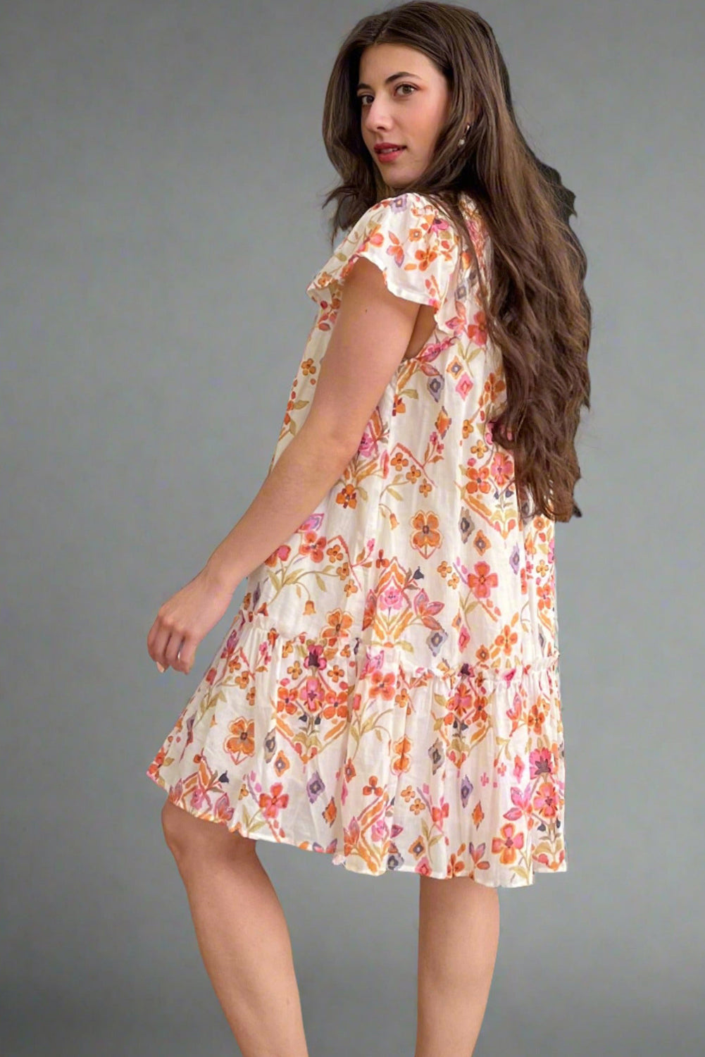Apricot Floral Geometric Print Ruffled Trim Flutter Sleeve Mini Dress Floral Dresses JT's Designer Fashion