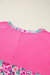 Pink Plus Size Floral Print Corded Patchwork Loose Top Plus Size Tops & Tees JT's Designer Fashion