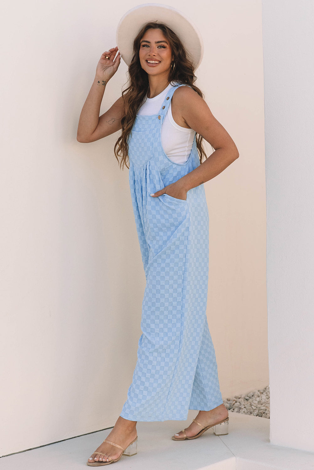 Beau Blue Checkered Pocketed High Waist Wide Leg Overall Jumpsuits & Rompers JT's Designer Fashion