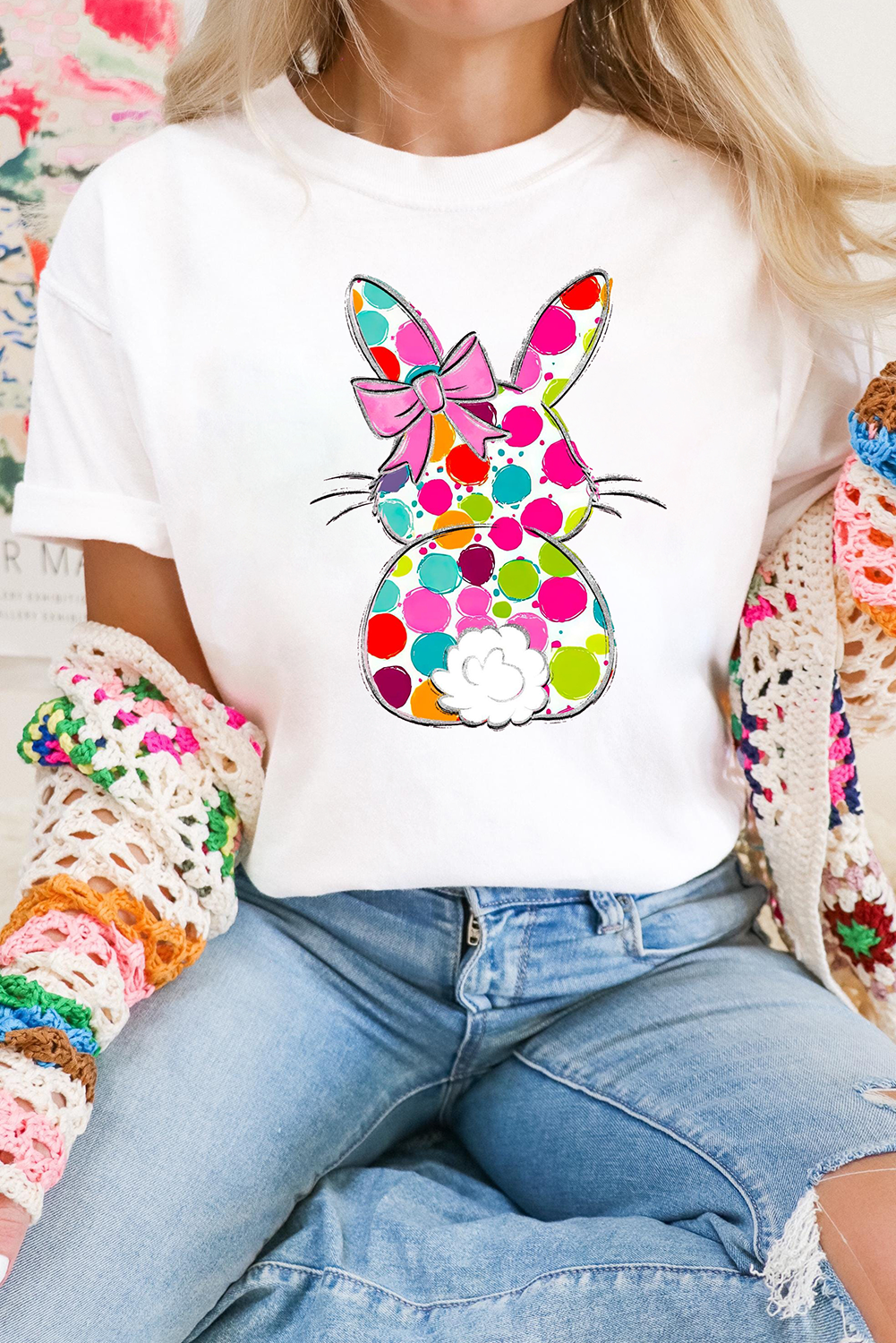 White Polka Dot Bow Rabbit Graphic Crewneck Easter Fashion Tee Graphic Tees JT's Designer Fashion