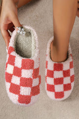 Fiery Red Checkered Print Fuzzy Slip On Winter Slippers Slippers JT's Designer Fashion