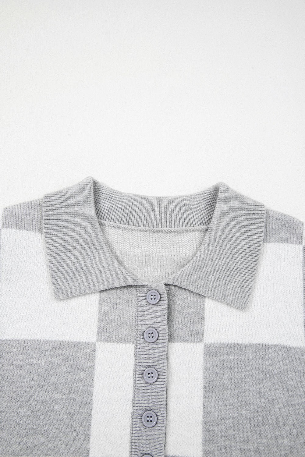 Gray Plus Size Checkered Pattern Button Polo Collar Split Sweater Plus Size Sweaters & Cardigans JT's Designer Fashion