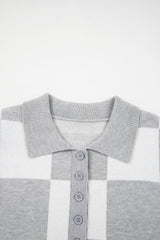 Gray Plus Size Checkered Pattern Button Polo Collar Split Sweater Plus Size Sweaters & Cardigans JT's Designer Fashion