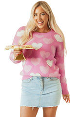 Pink Pearled Heart Print Valentines Crew Neck Sweater Sweaters JT's Designer Fashion