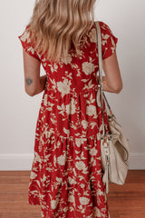 Red Floral Print Buttoned Front V Neck Tiered Short Sleeve Midi Dress Midi Dresses JT's Designer Fashion